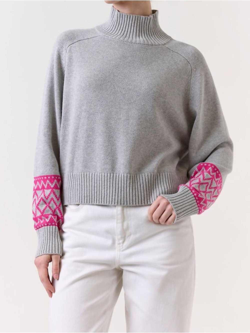 Gray Turtleneck Sweater with Pink Patterned Sleeve Accents